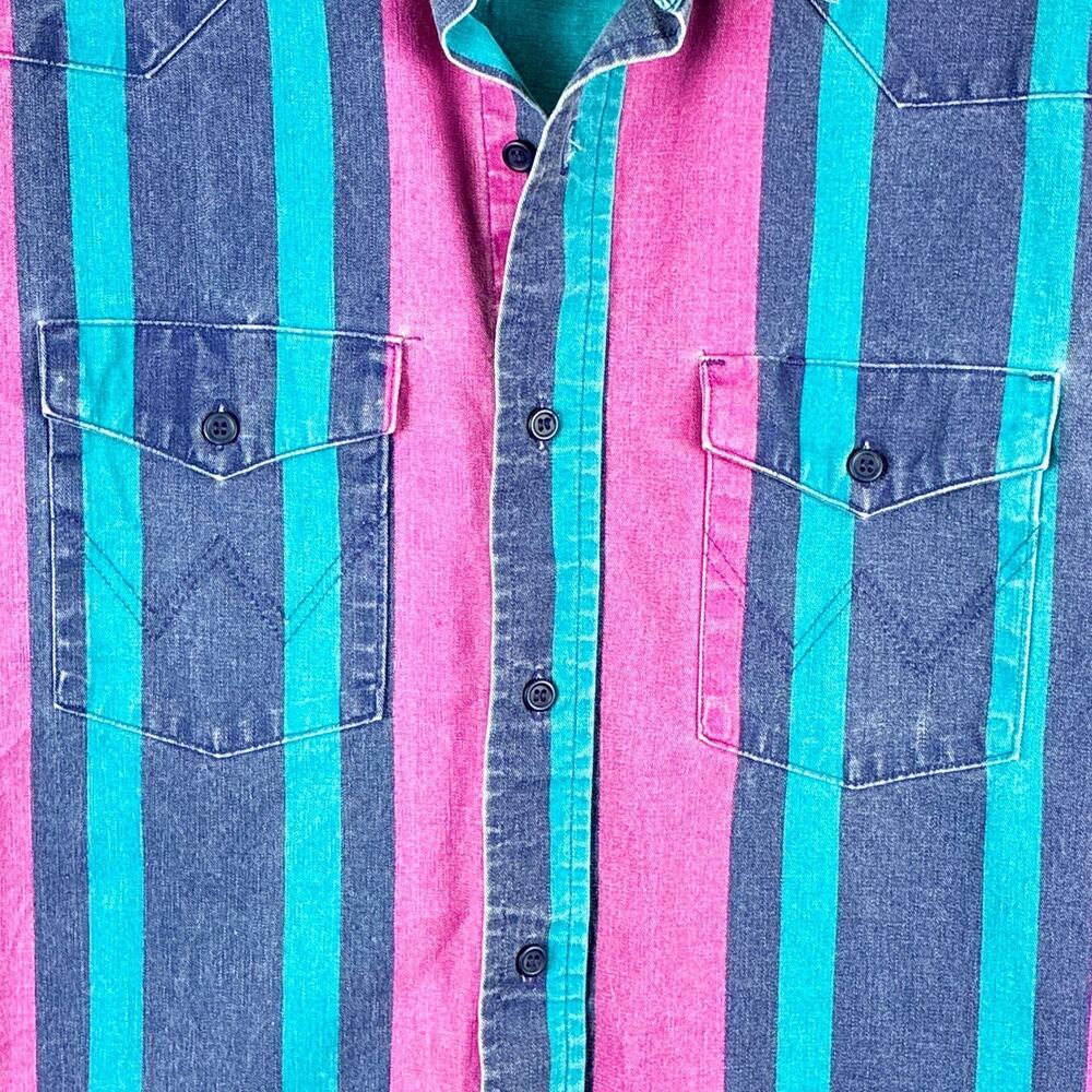 VTG Wrangler Brushpopper Shirt Men XL 17-35 Blue Pink Green Striped Cowboy USA - Picture 12 of 13